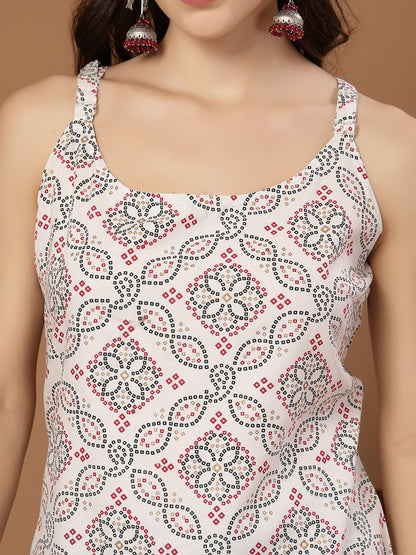 Women's White Bandhani Printed Rayon Straight Top