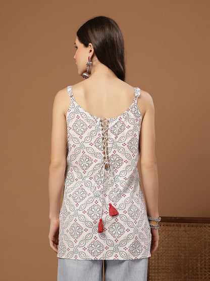Women's White Bandhani Printed Rayon Straight Top