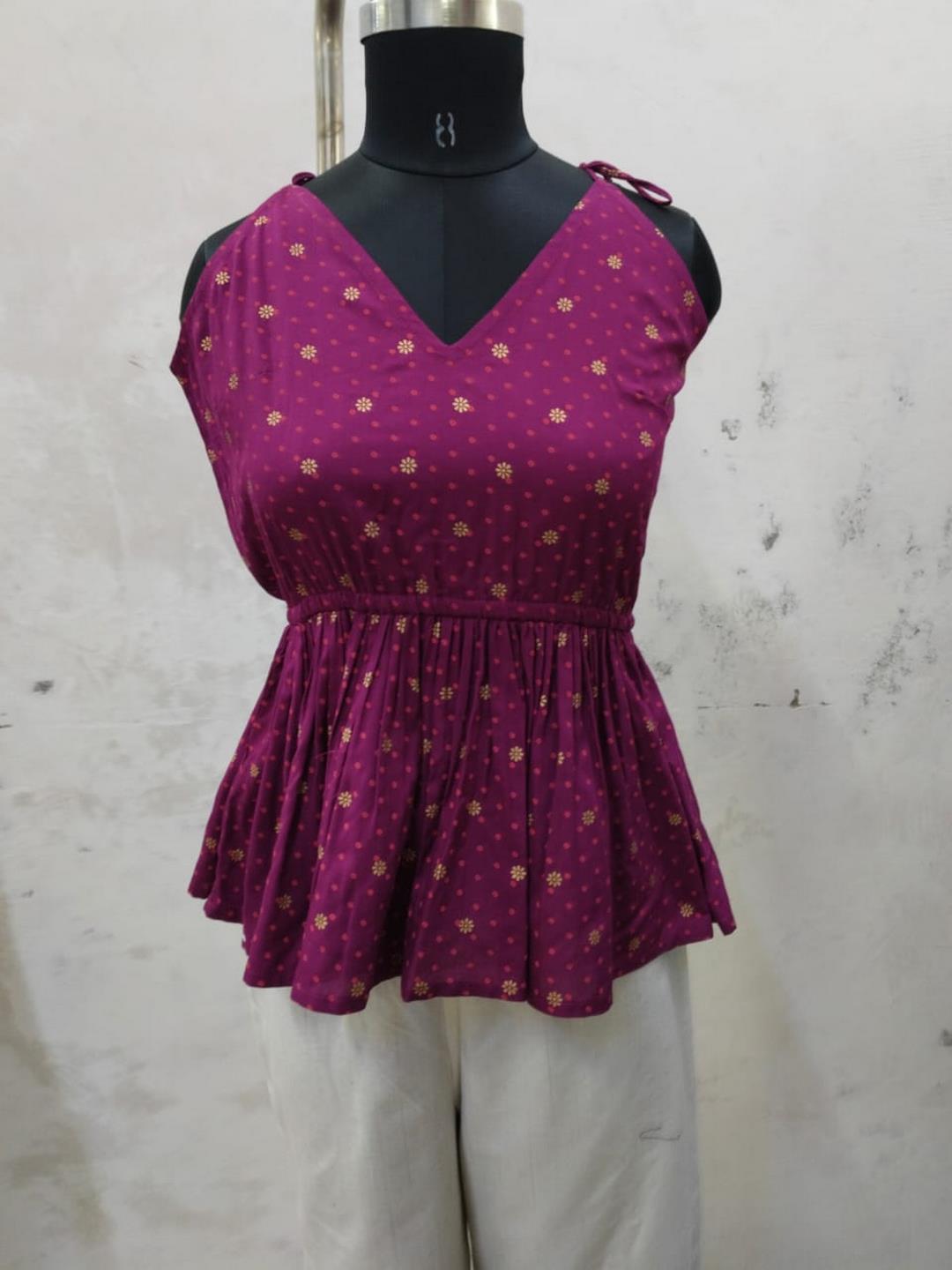 Wine Khari Printed Rayon Short Peplum Top