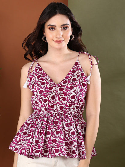 Purple Floral Printed Cotton Short Peplum Top (Pre-Order)