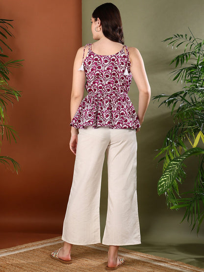 Purple Floral Printed Cotton Short Peplum Top