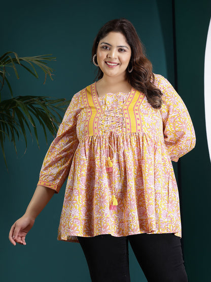 Plus Size Floral Printed Cotton Peplum Top