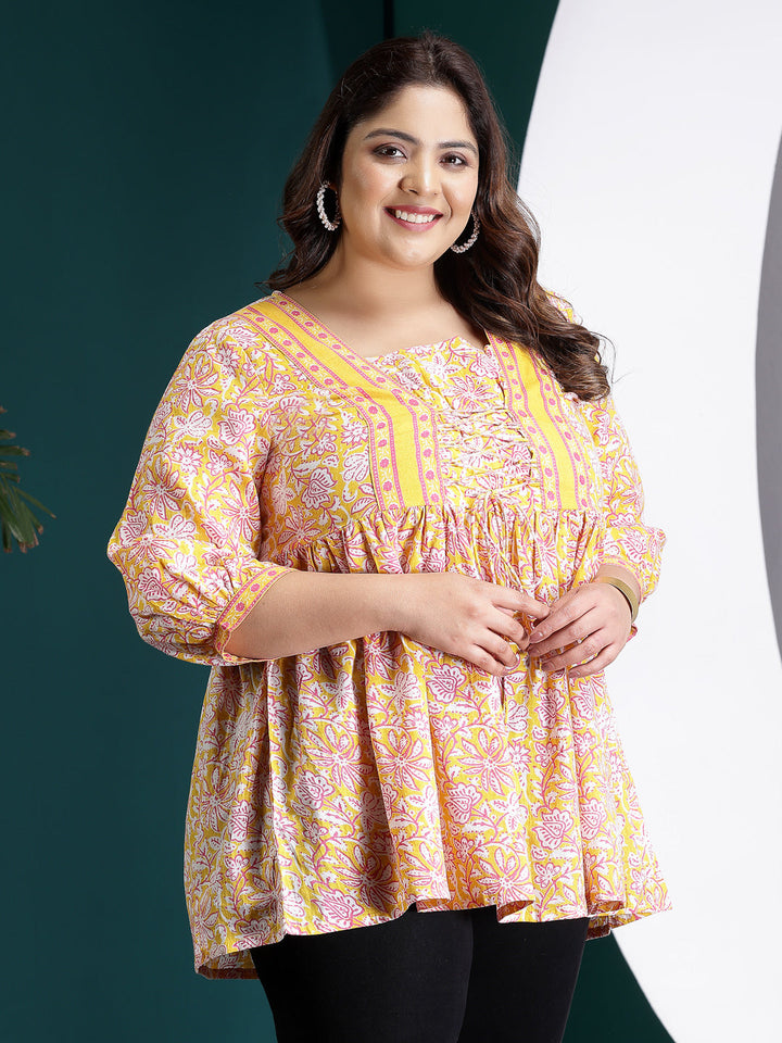 Plus Size Floral Printed Cotton Peplum Top