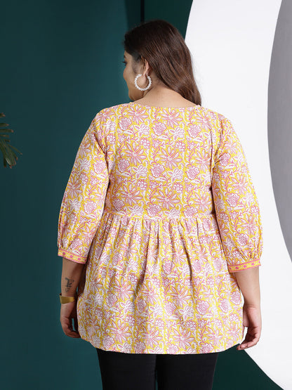 Plus Size Floral Printed Cotton Peplum Top (Pre-Order)