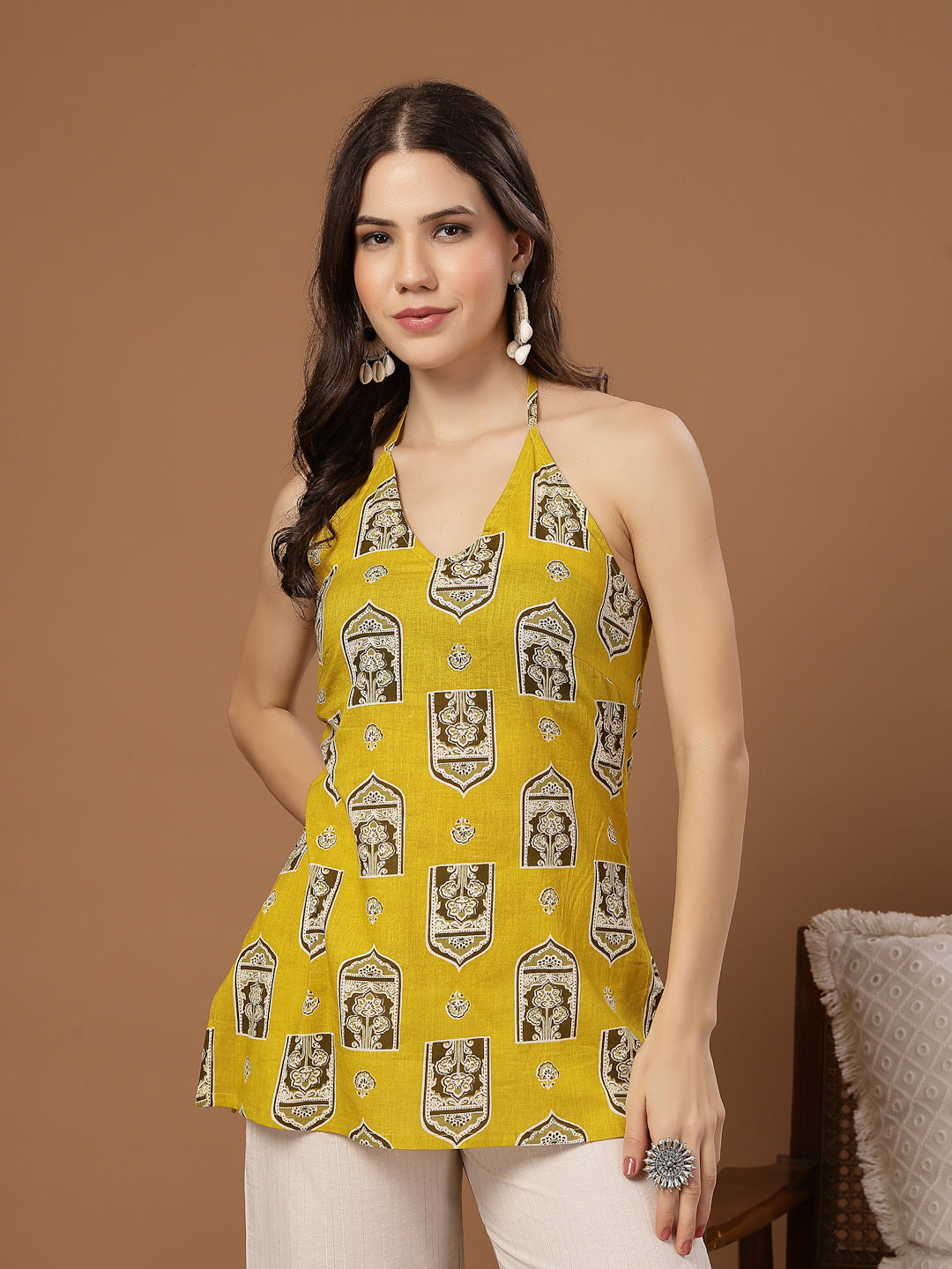 Women's Yellow Ethnic Printed Cotton Straight Top