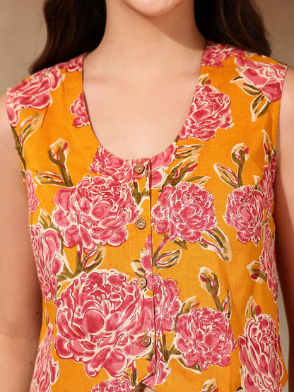 Women's Yellow Floral Printed Cotton Vest Top