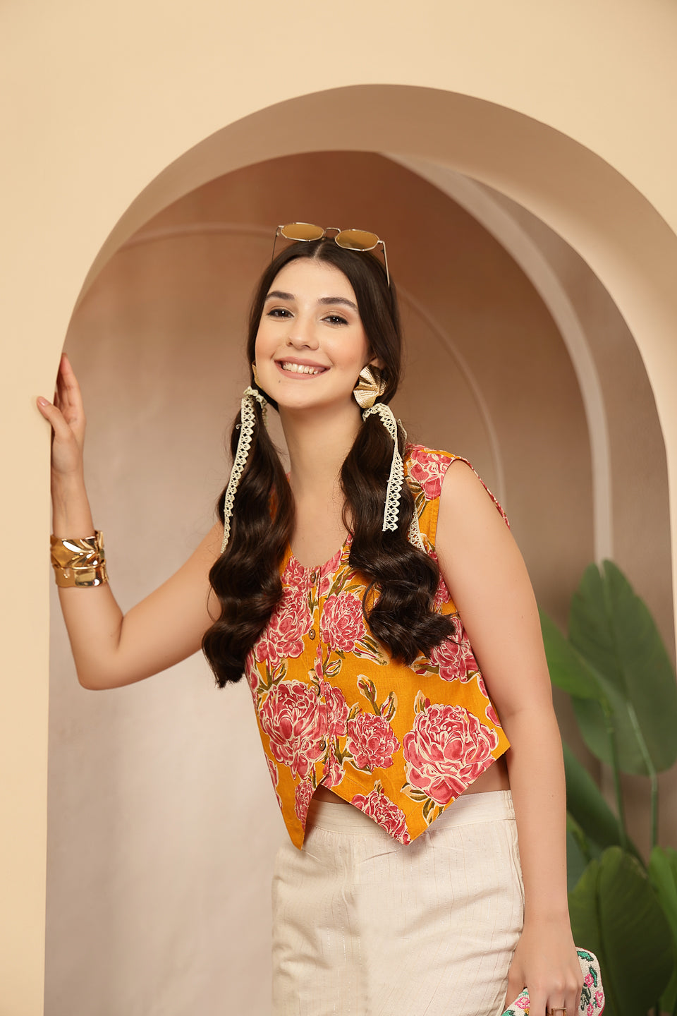 Women's Yellow Floral Printed Cotton Vest Top