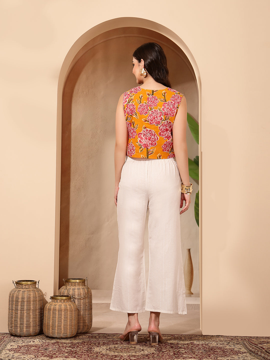 Women's Yellow Floral Printed Cotton Vest Top