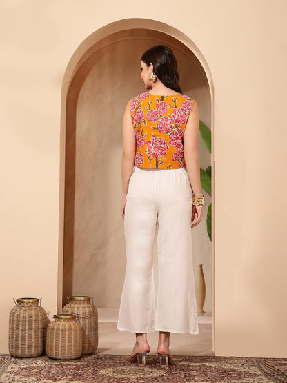 Women's Yellow Floral Printed Cotton Vest Top