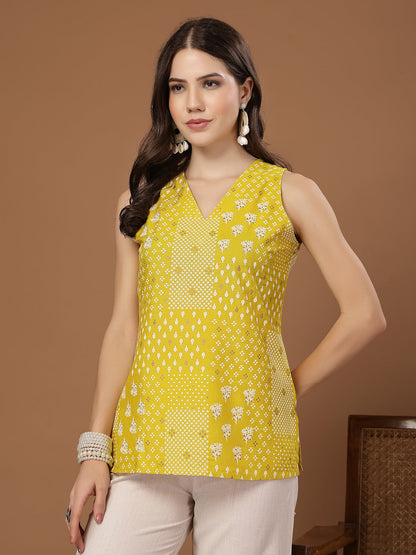 Women's Yellow Geometric Printed Rayon Straight Top
