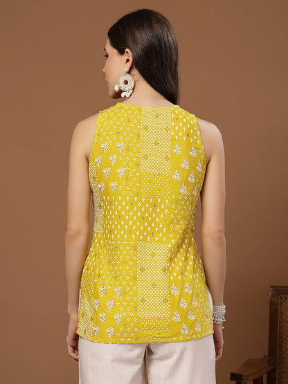 Women's Yellow Geometric Printed Rayon Straight Top