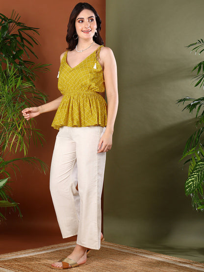 Yellow Geometric Printed Rayon Short Peplum Top (Pre-Order)