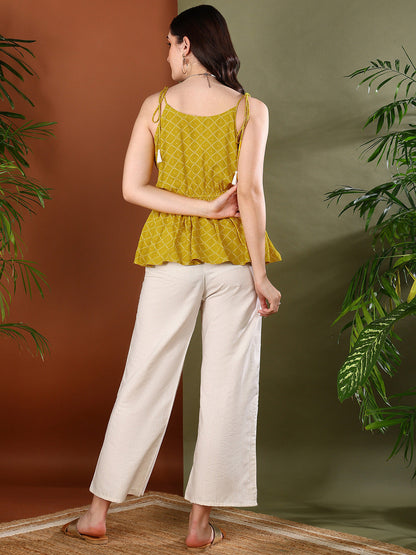 Yellow Geometric Printed Rayon Short Peplum Top (Pre-Order)