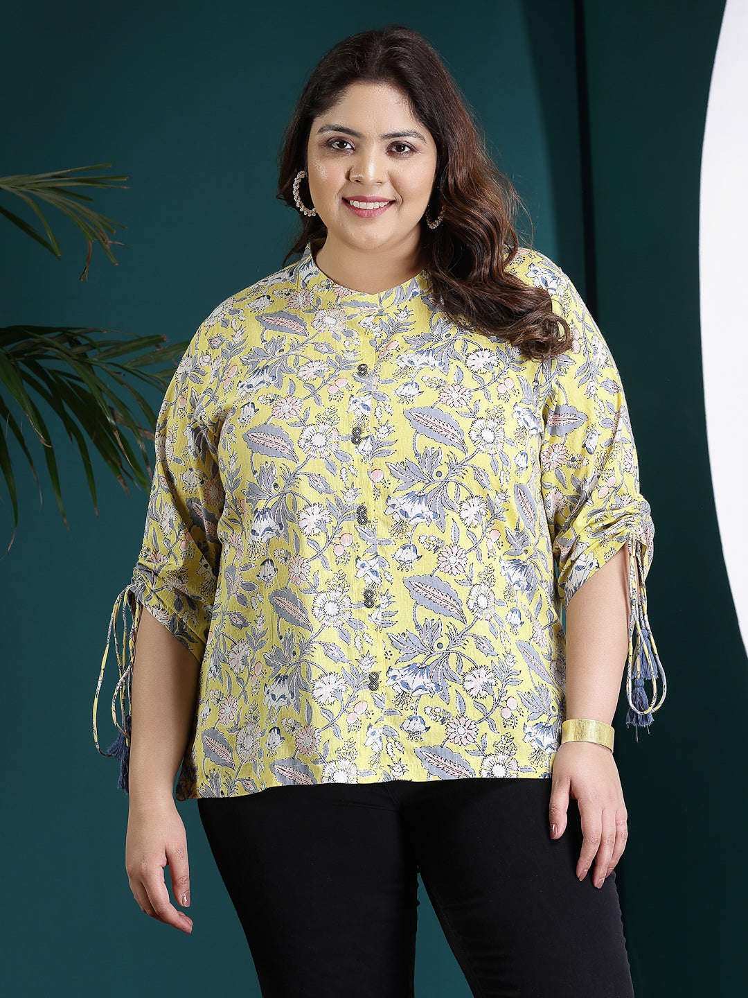 Plus Size Floral Printed Cotton Shirt Style Top