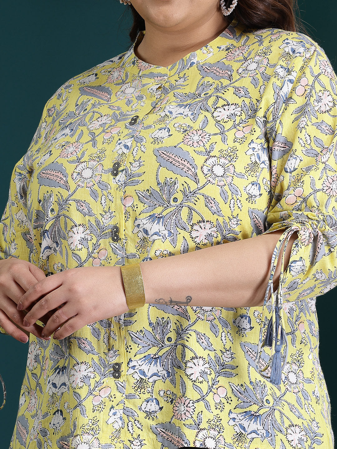 Plus Size Floral Printed Cotton Shirt Style Top