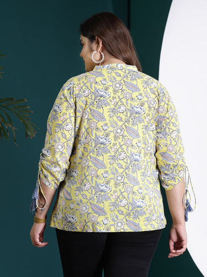 Plus Size Floral Printed Cotton Shirt Style Top