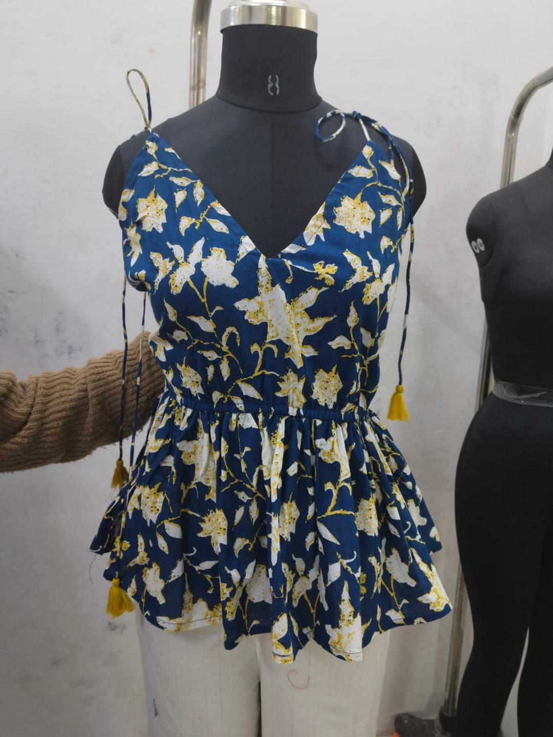 Blue Floral Printed Cotton Short Peplum Top (Pre-Order)