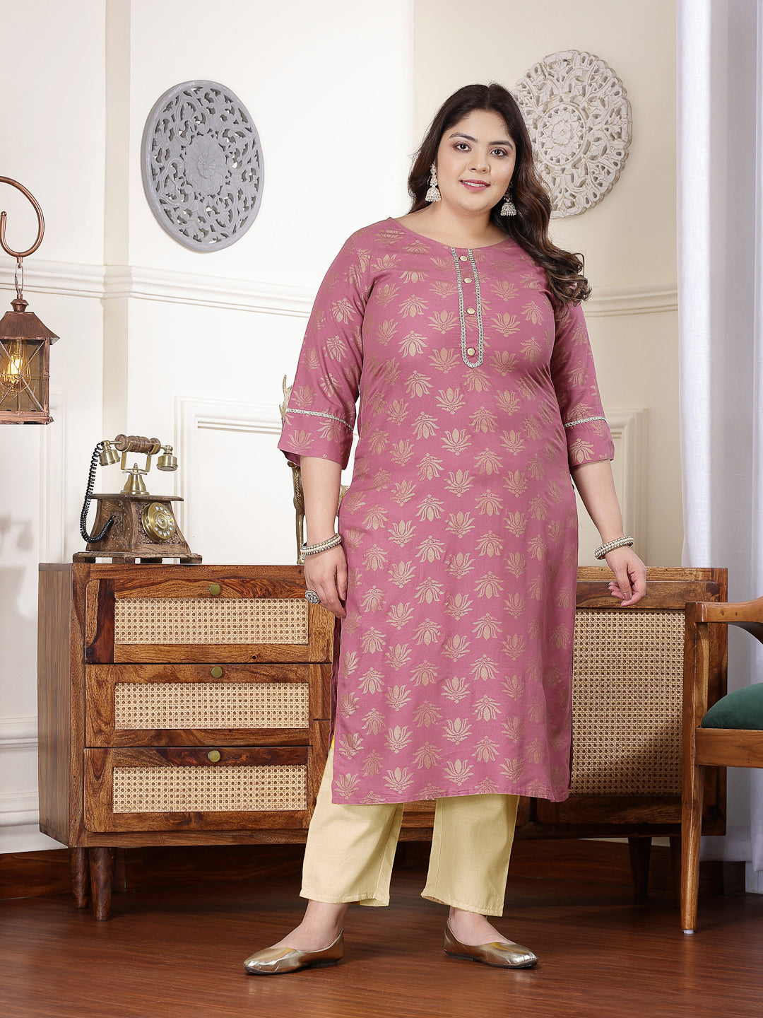Plus Size Gold Printed Rayon Straight Kurta