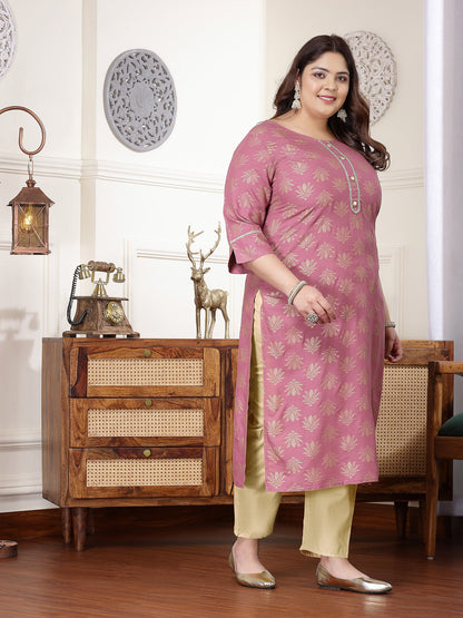 Plus Size Gold Printed Rayon Straight Kurta
