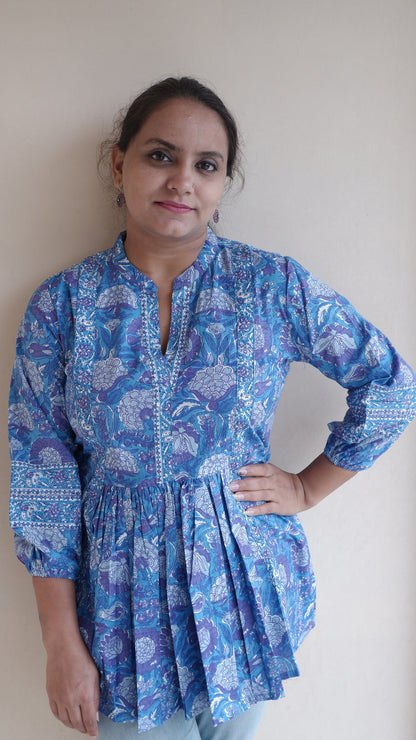 Printed Mandarin Collar Three-Quarter Sleeves Top (Kimayra) (Preorder)