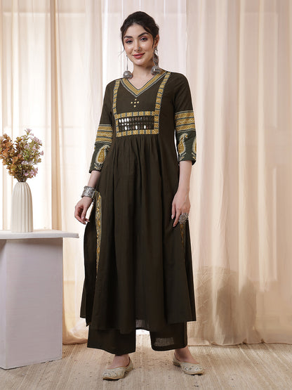 Rayon Calf Length Solid 3/4 Sleeves V Neck Flared Kurta Suit Set With Dupatta