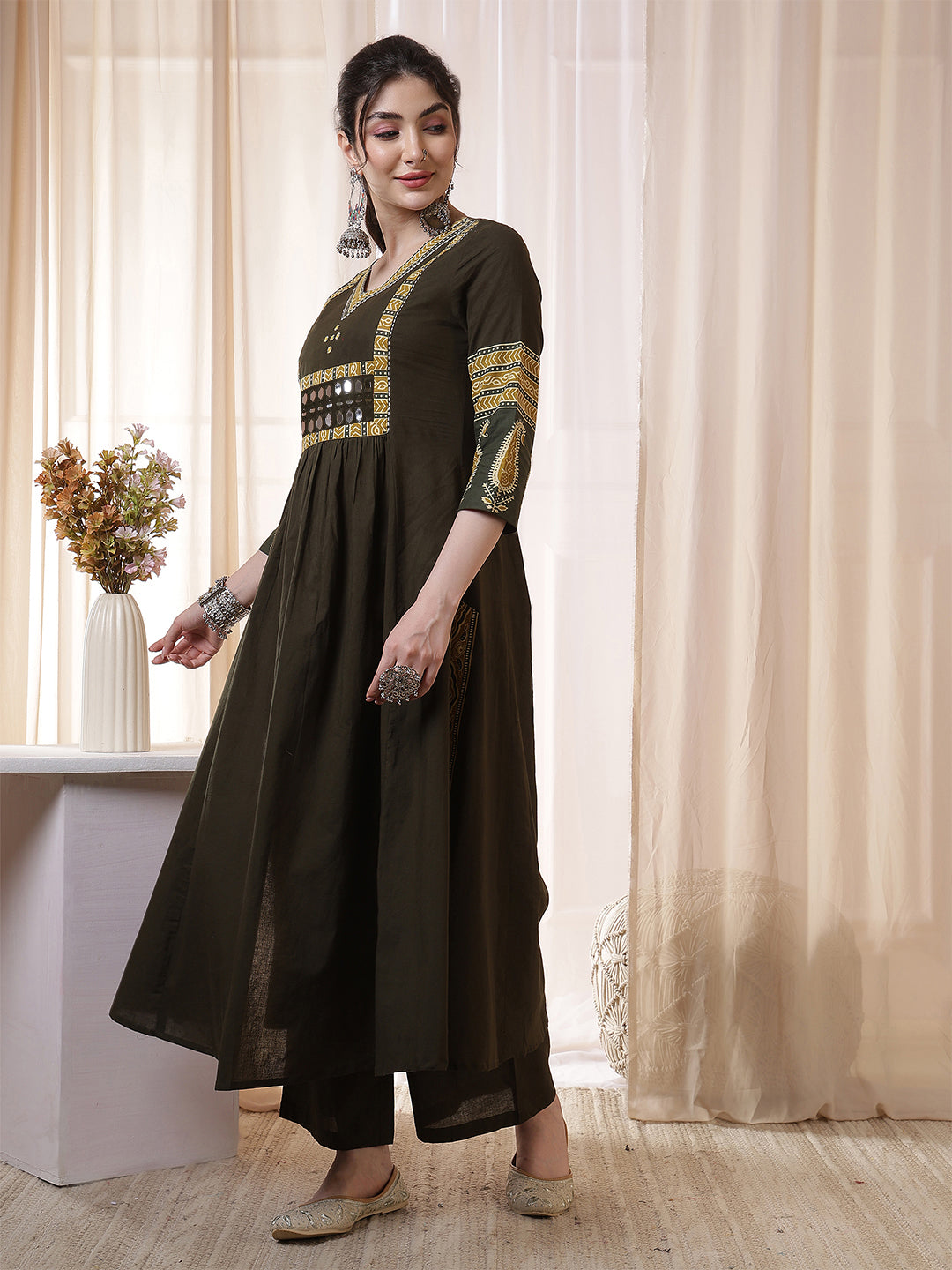 Rayon Calf Length Solid 3/4 Sleeves V Neck Flared Kurta Suit Set With Dupatta