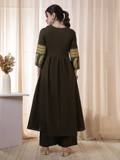 Rayon Calf Length Solid 3/4 Sleeves V Neck Flared Kurta Suit Set With Dupatta