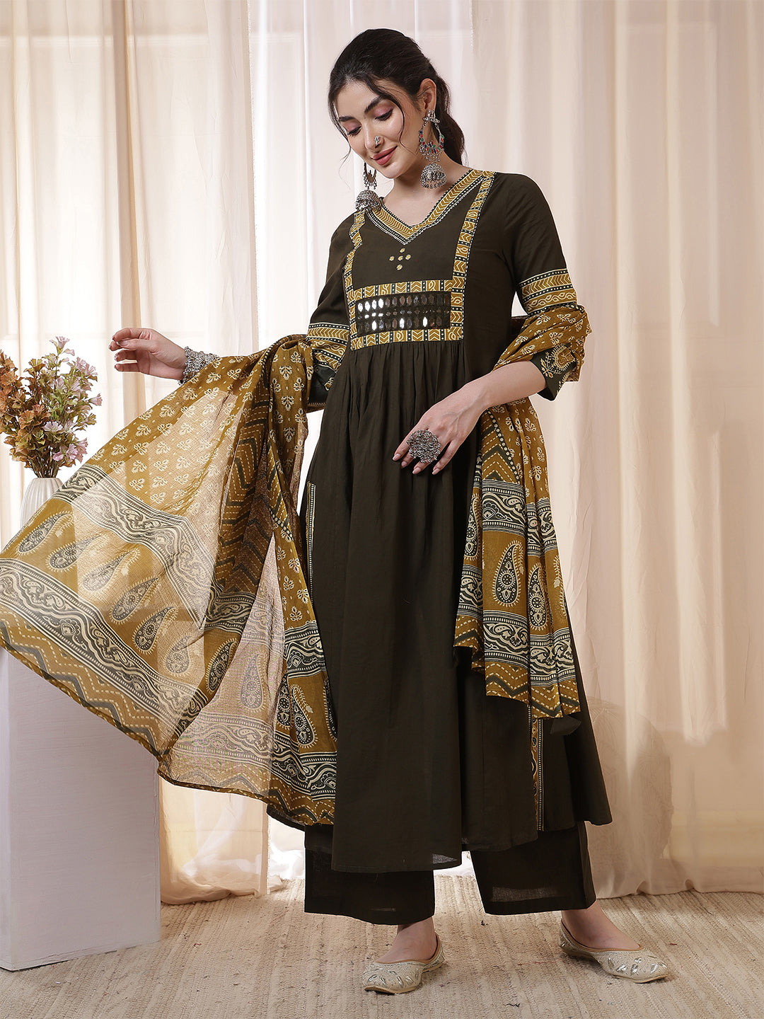 Rayon Calf Length Solid 3/4 Sleeves V Neck Flared Kurta Suit Set With Dupatta