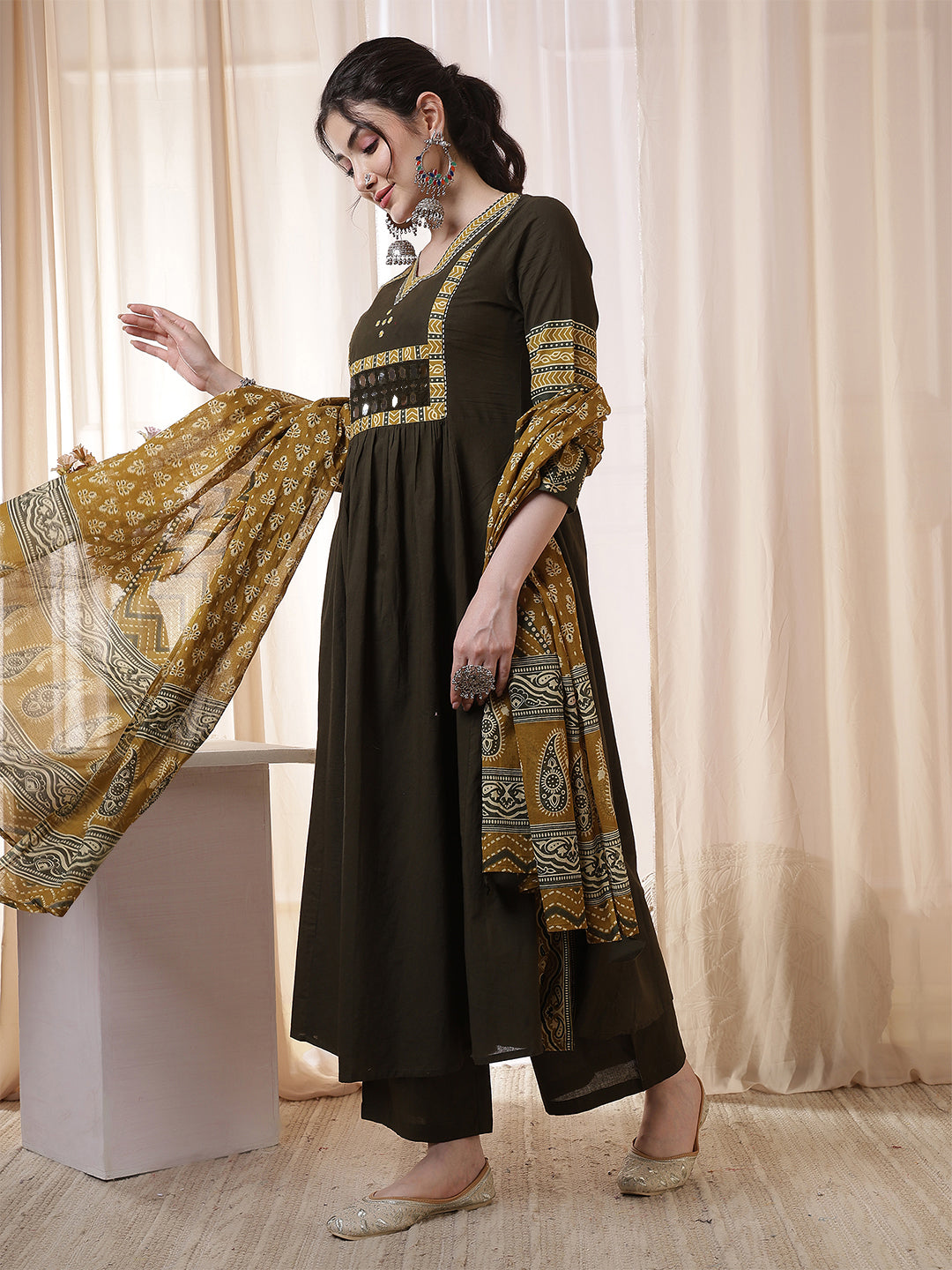 Rayon Calf Length Solid 3/4 Sleeves V Neck Flared Kurta Suit Set With Dupatta