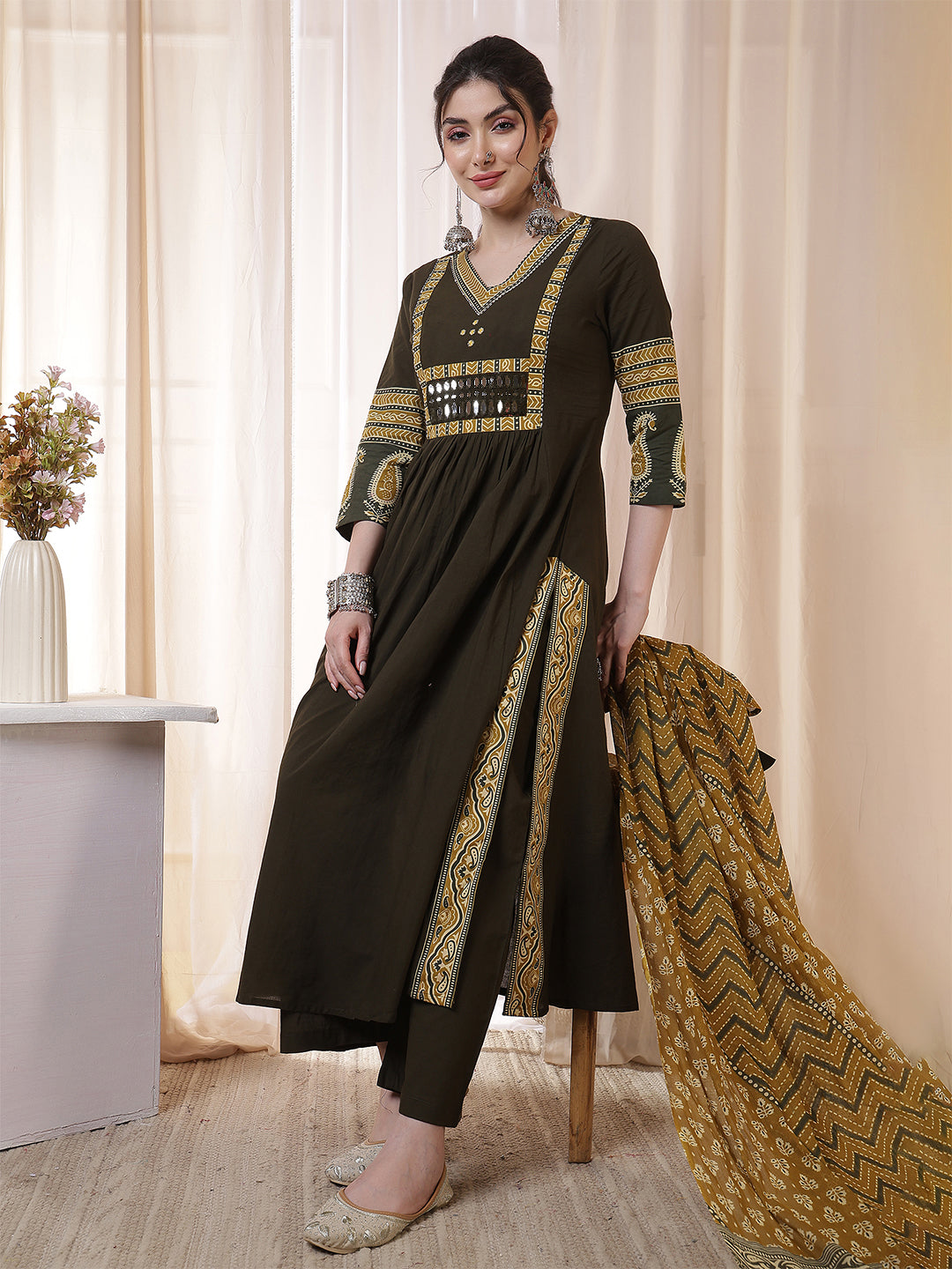 Rayon Calf Length Solid 3/4 Sleeves V Neck Flared Kurta Suit Set With Dupatta