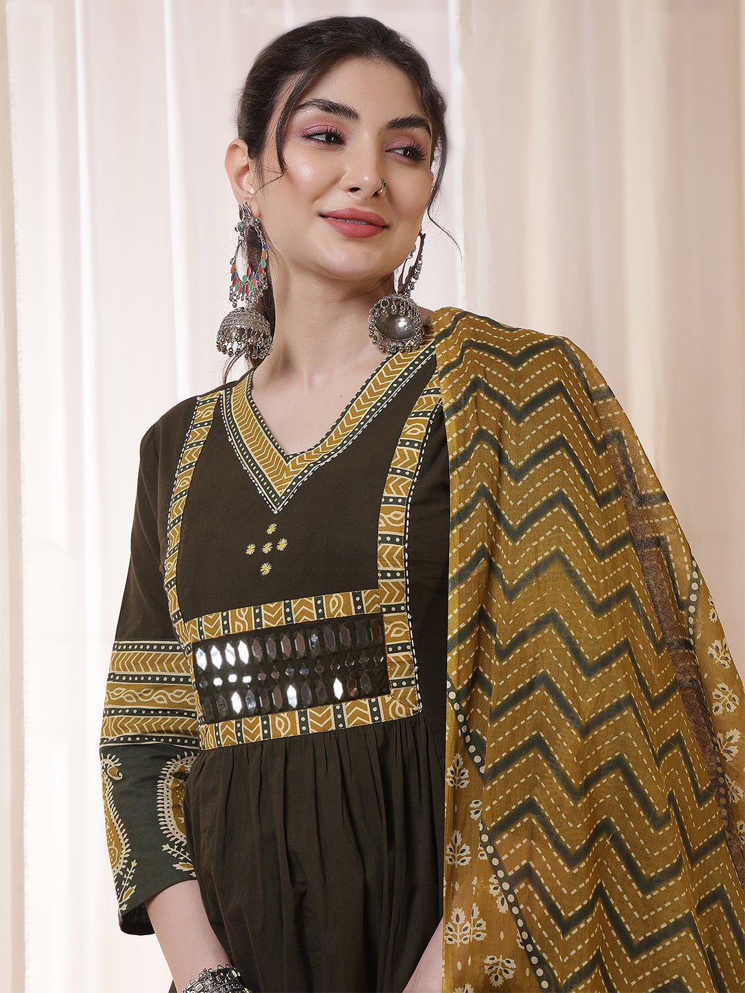 Rayon Calf Length Solid 3/4 Sleeves V Neck Flared Kurta Suit Set With Dupatta