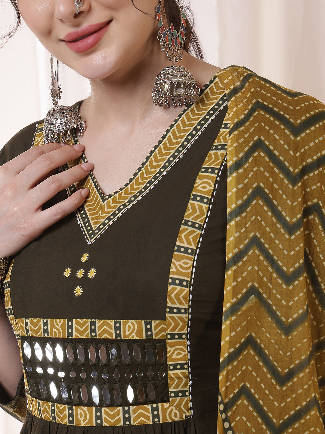 Rayon Calf Length Solid 3/4 Sleeves V Neck Flared Kurta Suit Set With Dupatta