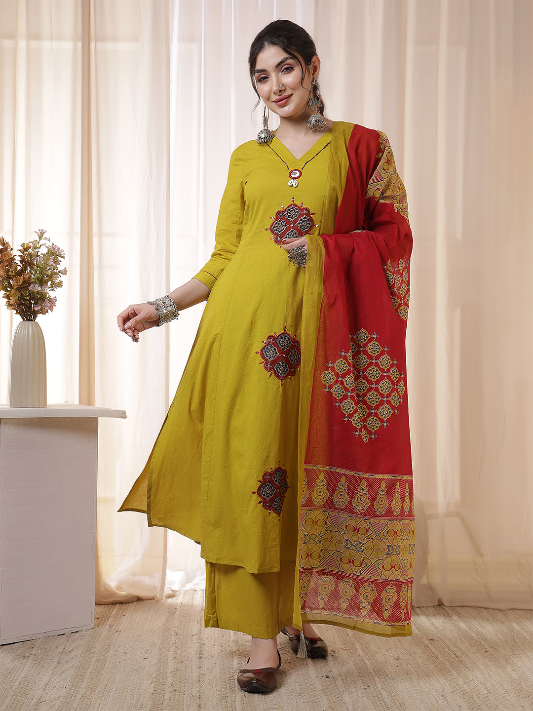 Rayon Calf Length Solid 3/4 Sleeves V-Neck Flared Kurta Suit Set