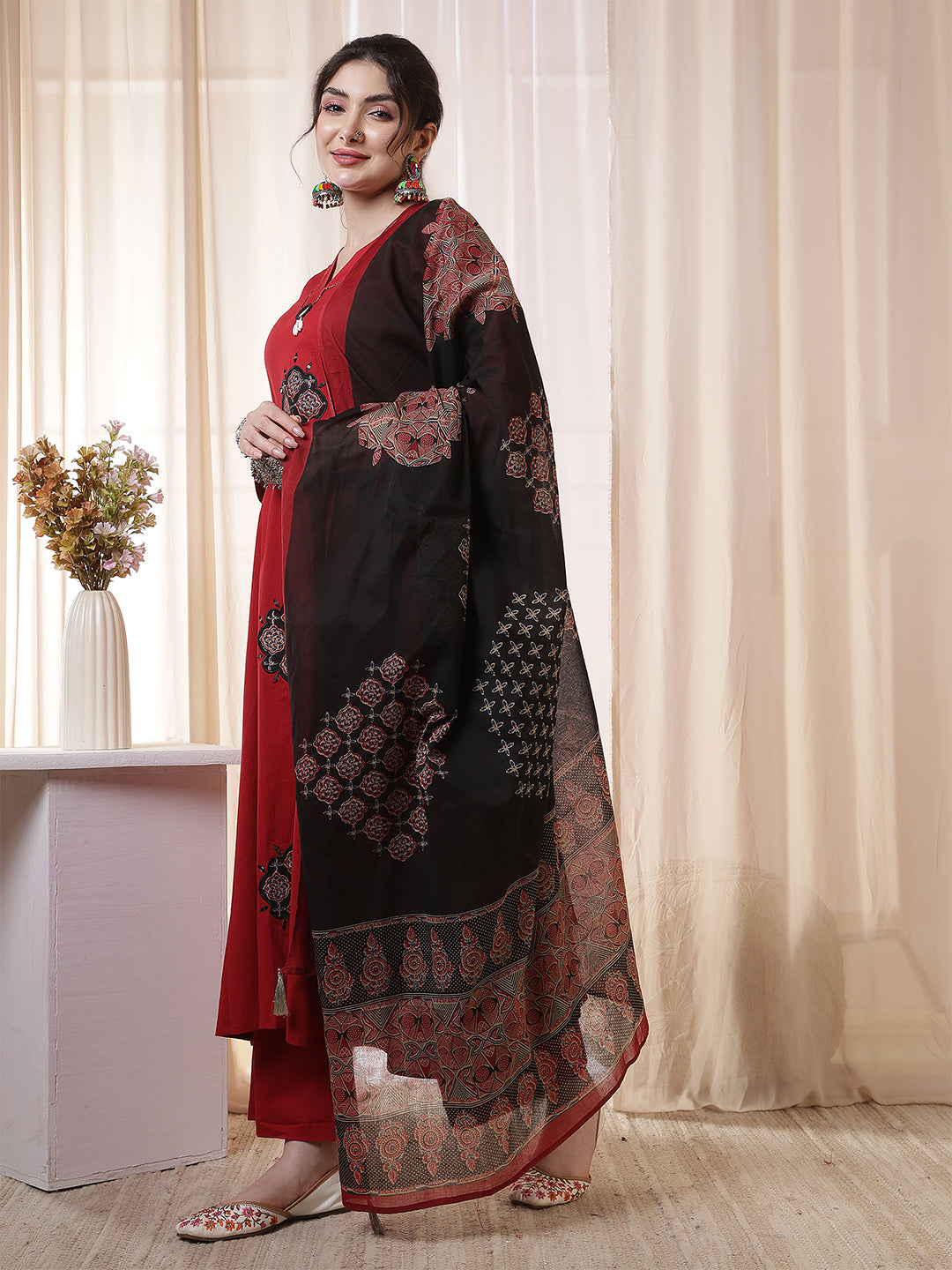 Rayon Calf Length Solid 3/4 Sleeves V-Neck Flared Kurta Suit Set