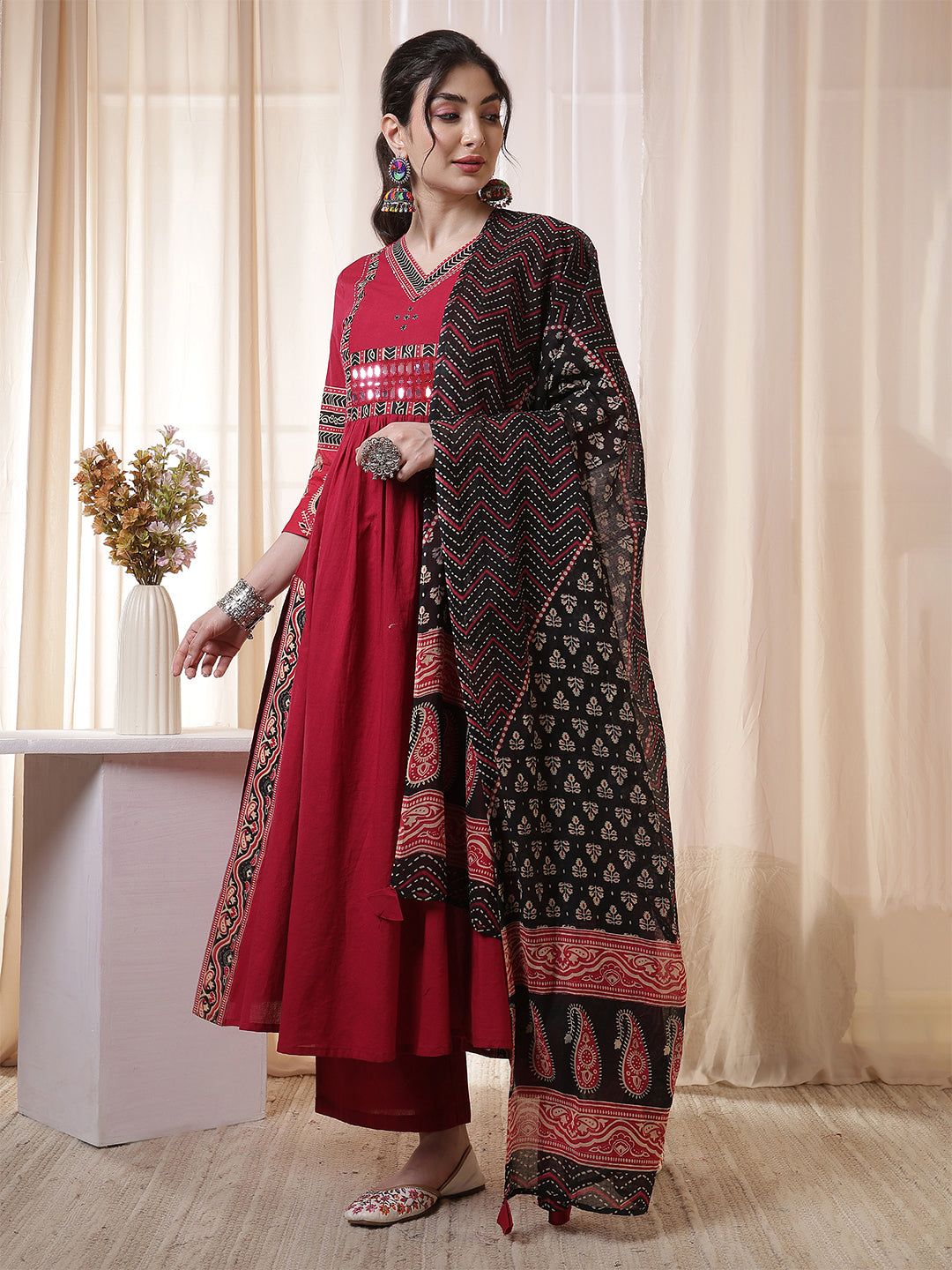 Rayon Calf Length Solid 3/4 Sleeves V Neck Flared Kurta Suit Set With Dupatta