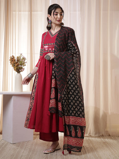 Rayon Calf Length Solid 3/4 Sleeves V Neck Flared Kurta Suit Set With Dupatta