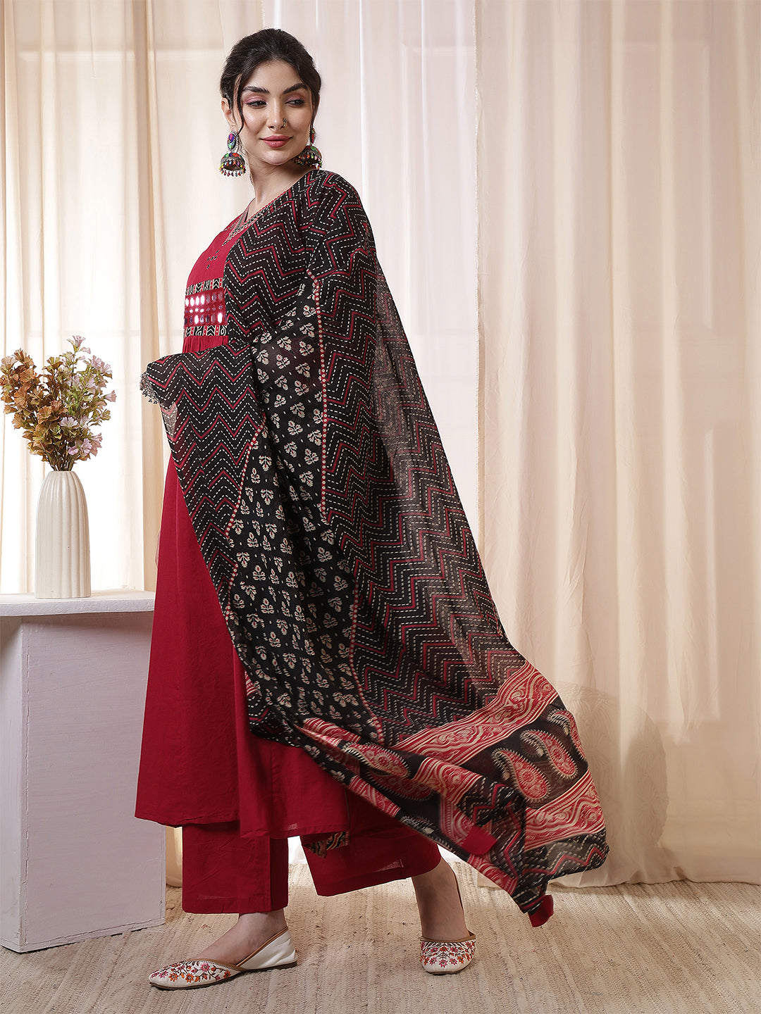 Rayon Calf Length Solid 3/4 Sleeves V Neck Flared Kurta Suit Set With Dupatta