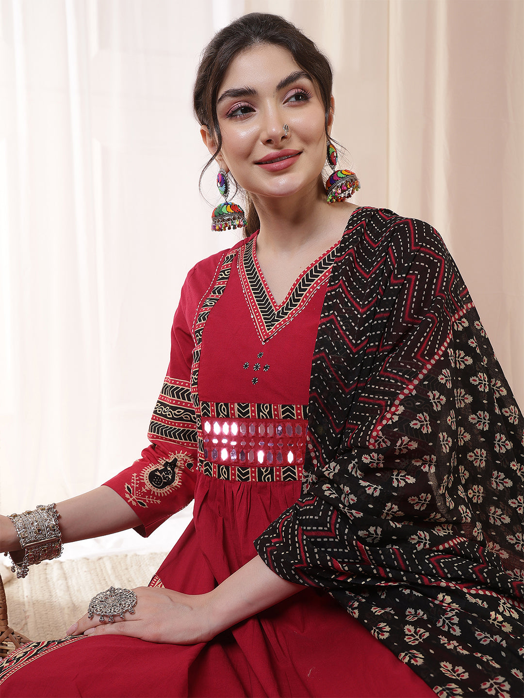 Rayon Calf Length Solid 3/4 Sleeves V Neck Flared Kurta Suit Set With Dupatta