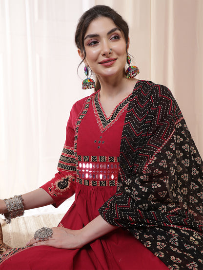 Rayon Calf Length Solid 3/4 Sleeves V Neck Flared Kurta Suit Set With Dupatta