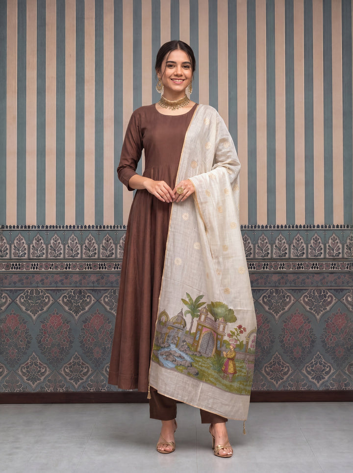 Mul Chanderi Anarkali Kurta Pant Dupatta Set