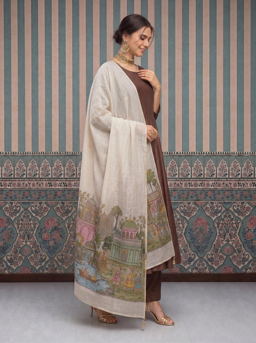 Mul Chanderi Anarkali Kurta Pant Dupatta Set