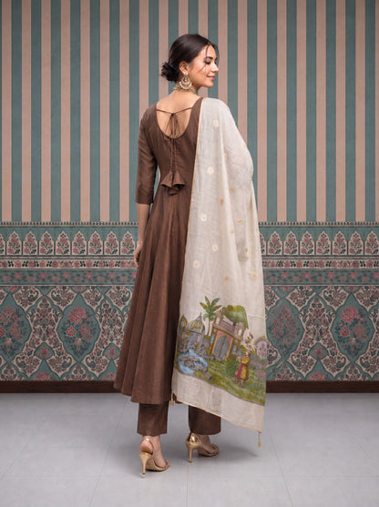Mul Chanderi Anarkali Kurta Pant Dupatta Set