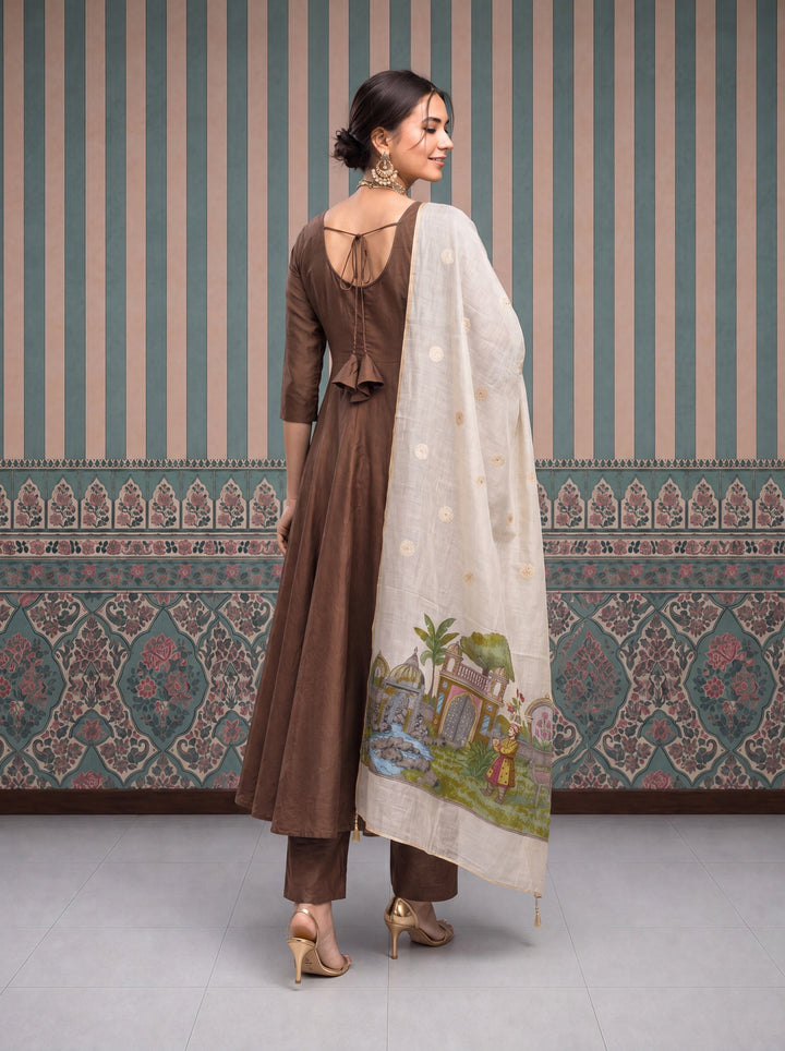 Mul Chanderi Anarkali Kurta Pant Dupatta Set