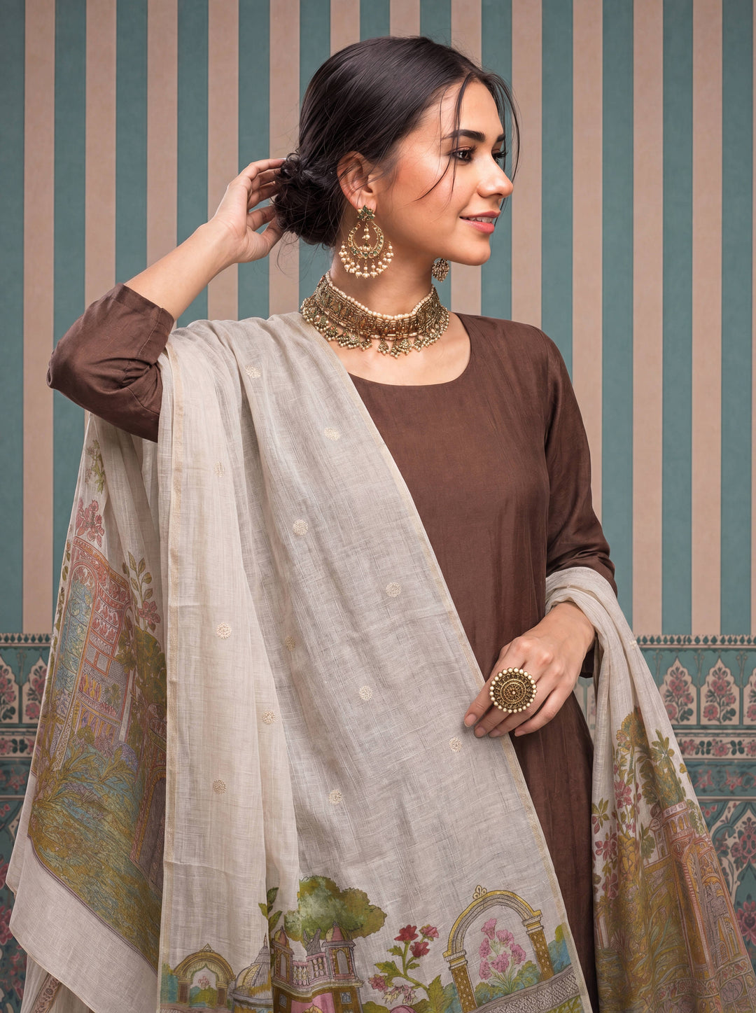 Mul Chanderi Anarkali Kurta Pant Dupatta Set