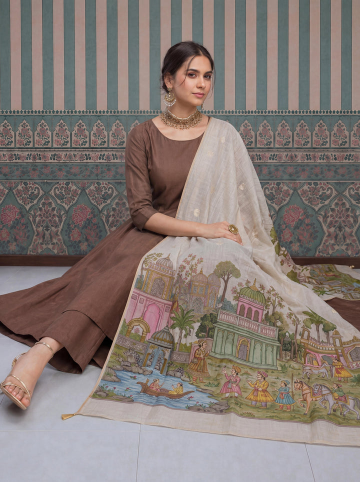 Mul Chanderi Anarkali Kurta Pant Dupatta Set