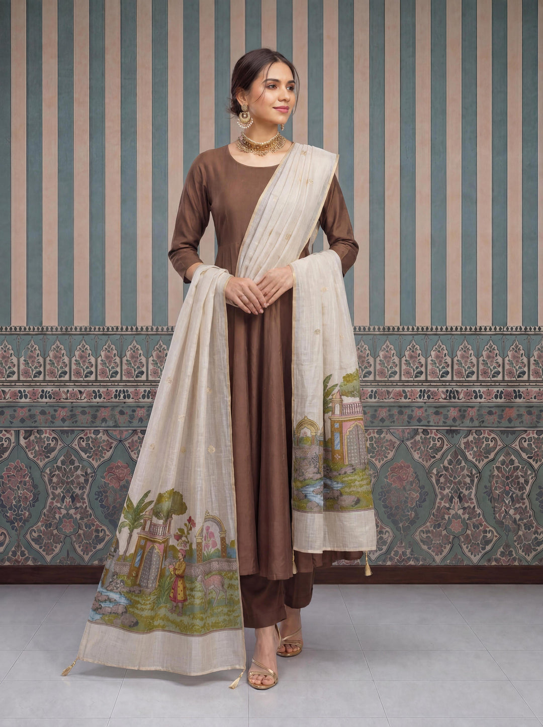 Mul Chanderi Anarkali Kurta Pant Dupatta Set