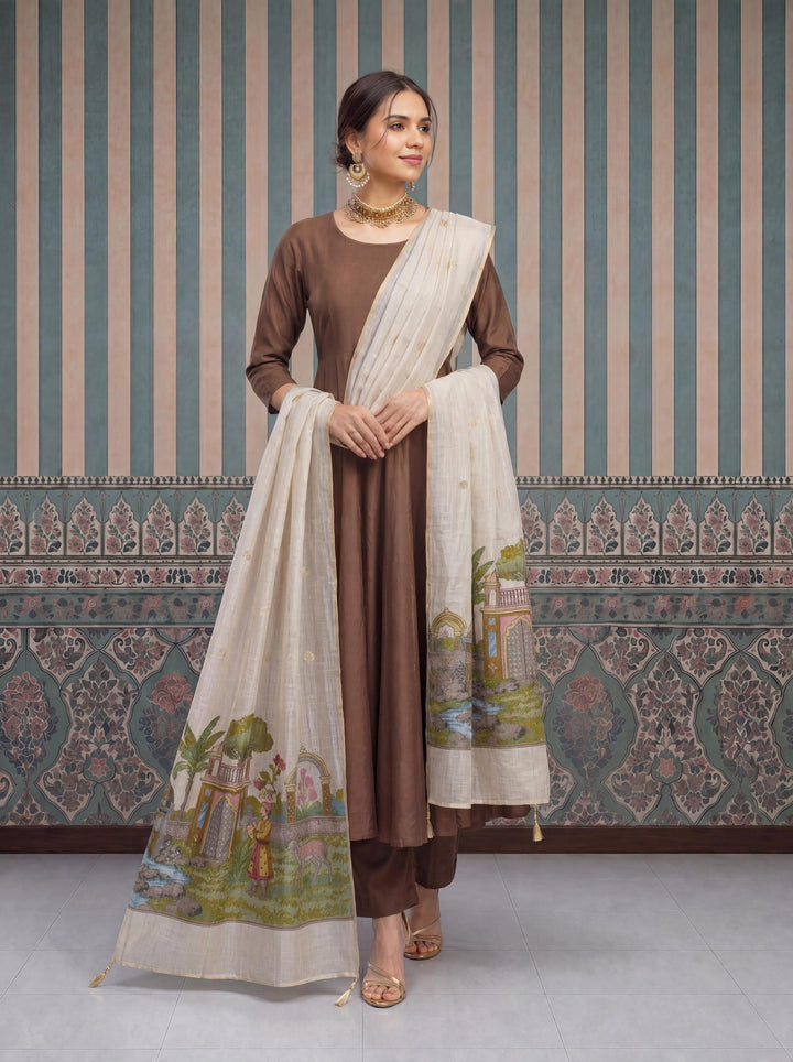 Mul Chanderi Anarkali Kurta Pant Dupatta Set