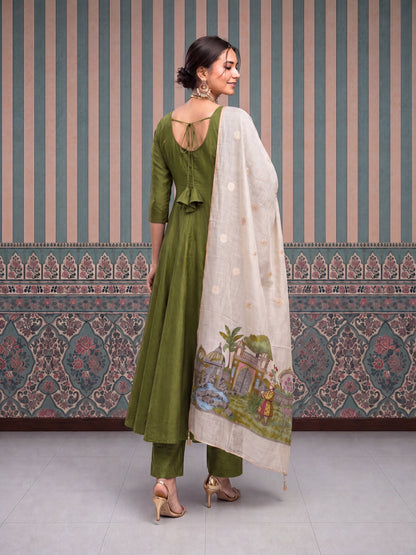 Mul Chanderi Anarkali Kurta Pant Dupatta Set