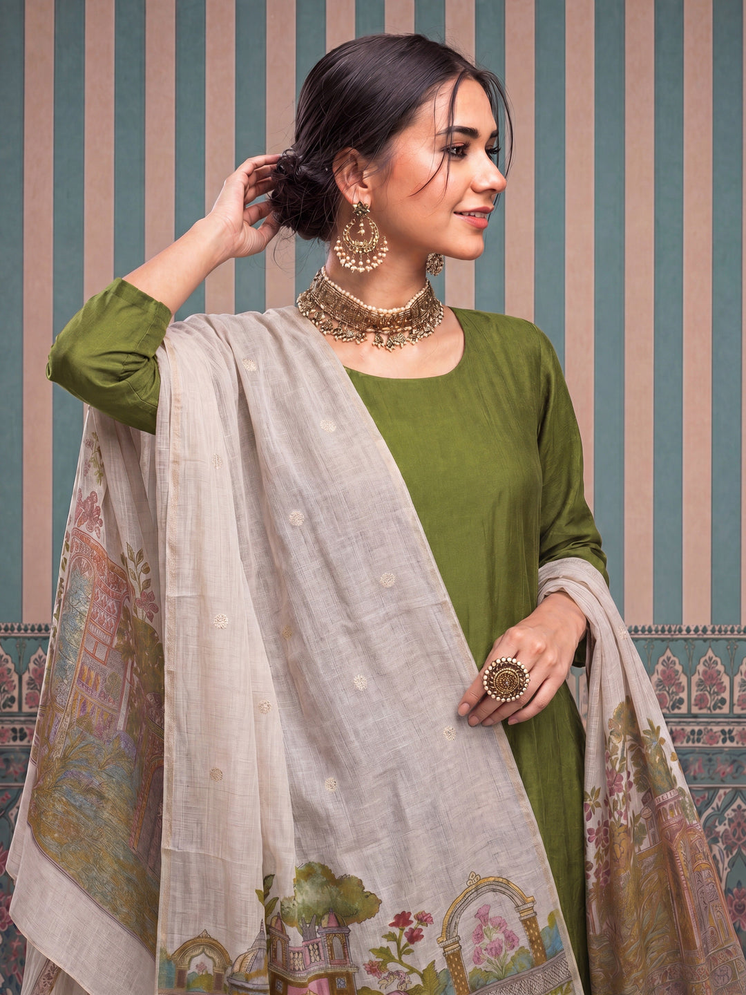 Mul Chanderi Anarkali Kurta Pant Dupatta Set