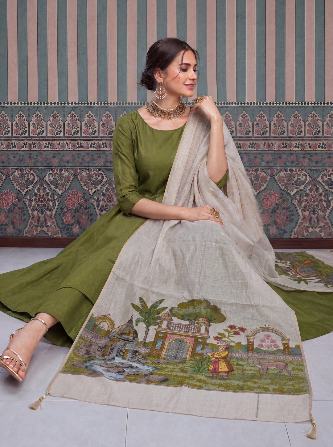 Mul Chanderi Anarkali Kurta Pant Dupatta Set